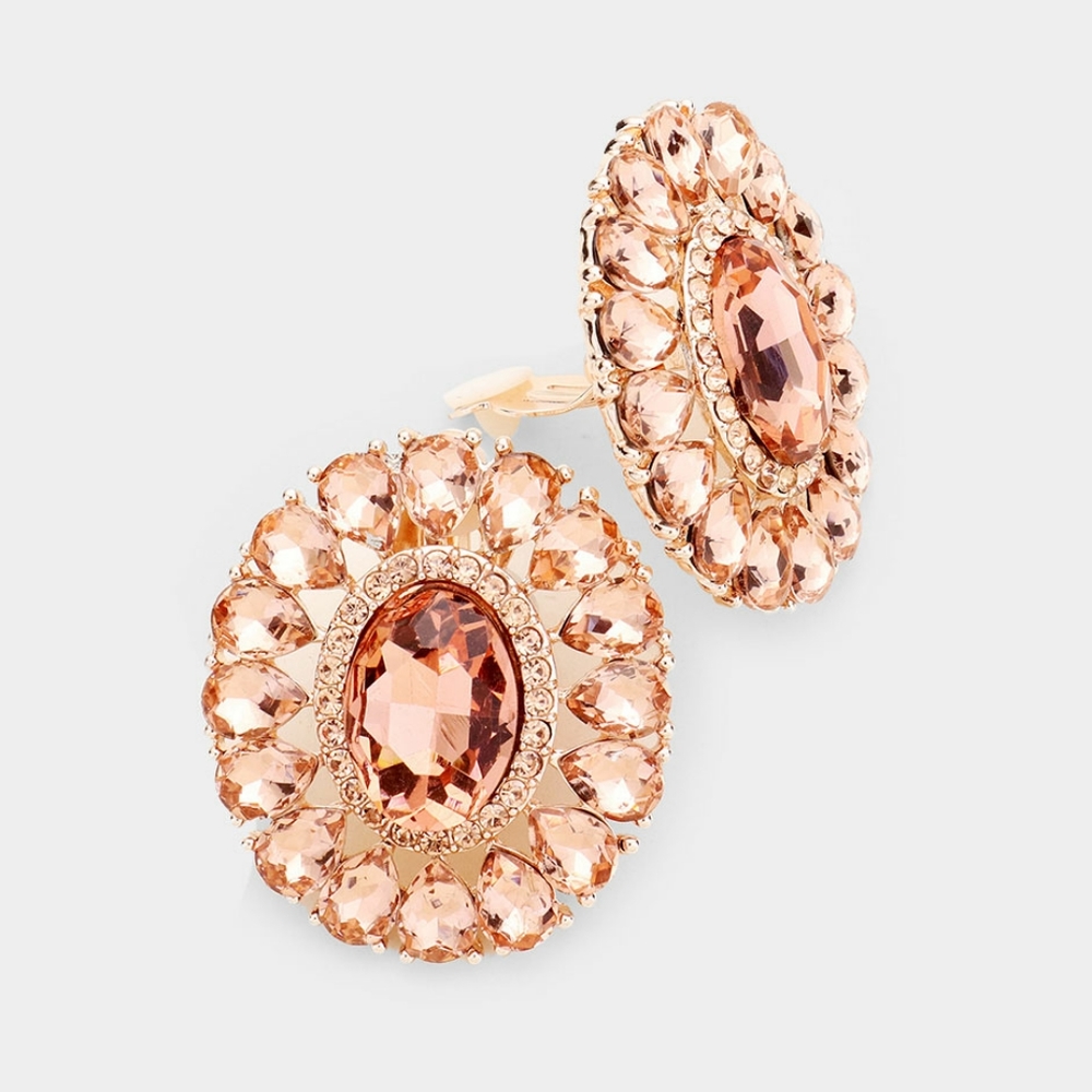 Peach Marquise Crystal Oval Style Clip On Earrings Statement Jewelry